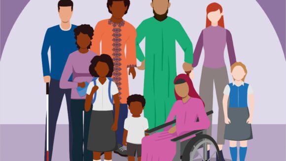 An illustration showing a group of people standing against a purple background. The people are from different ethnic backgrounds, and one of them is a wheelchair user.