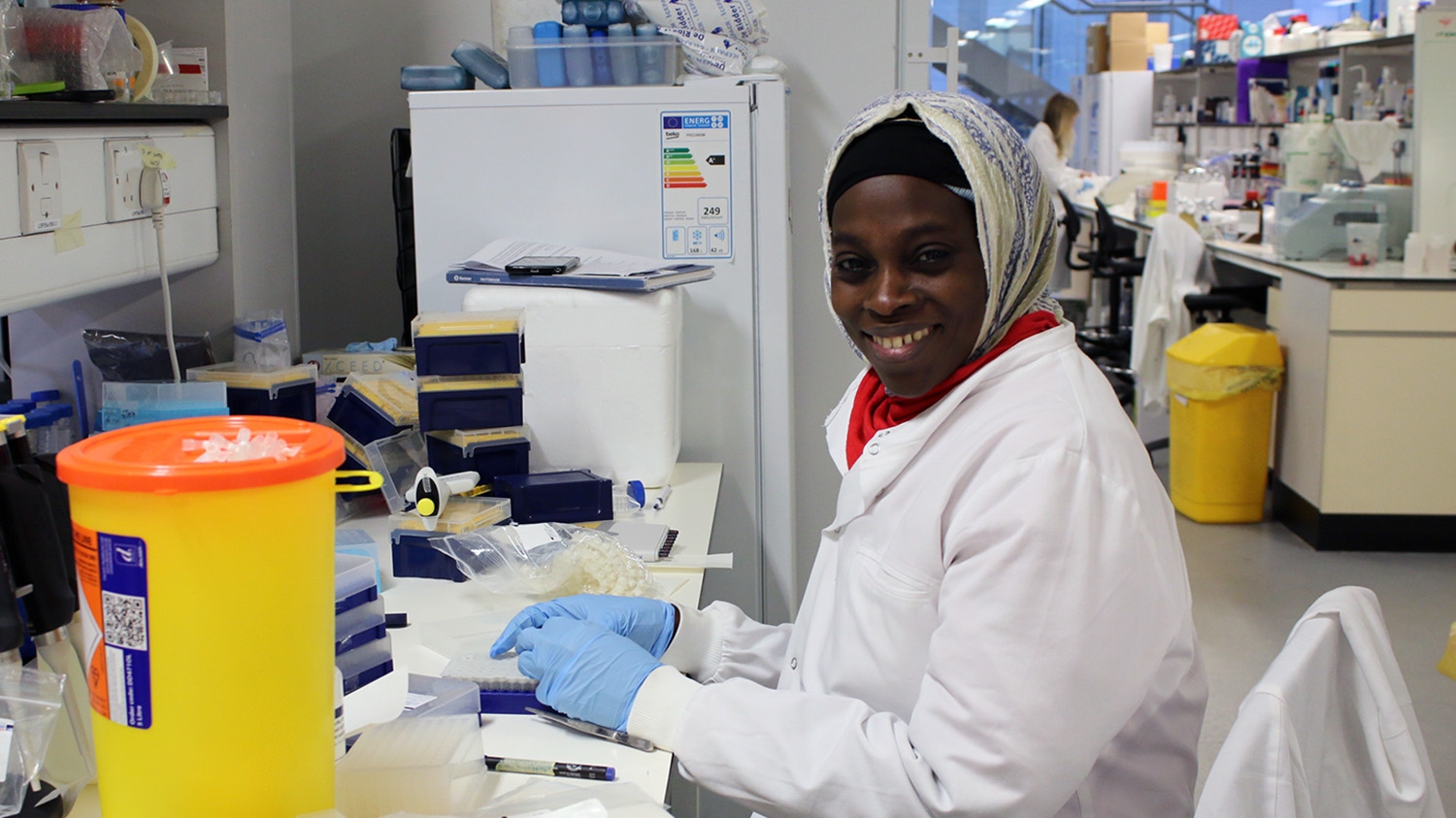 Lab technician Jamila analyses samples for lymphatic filariasis in a lab at Liverpool School of Tropical Medicine.